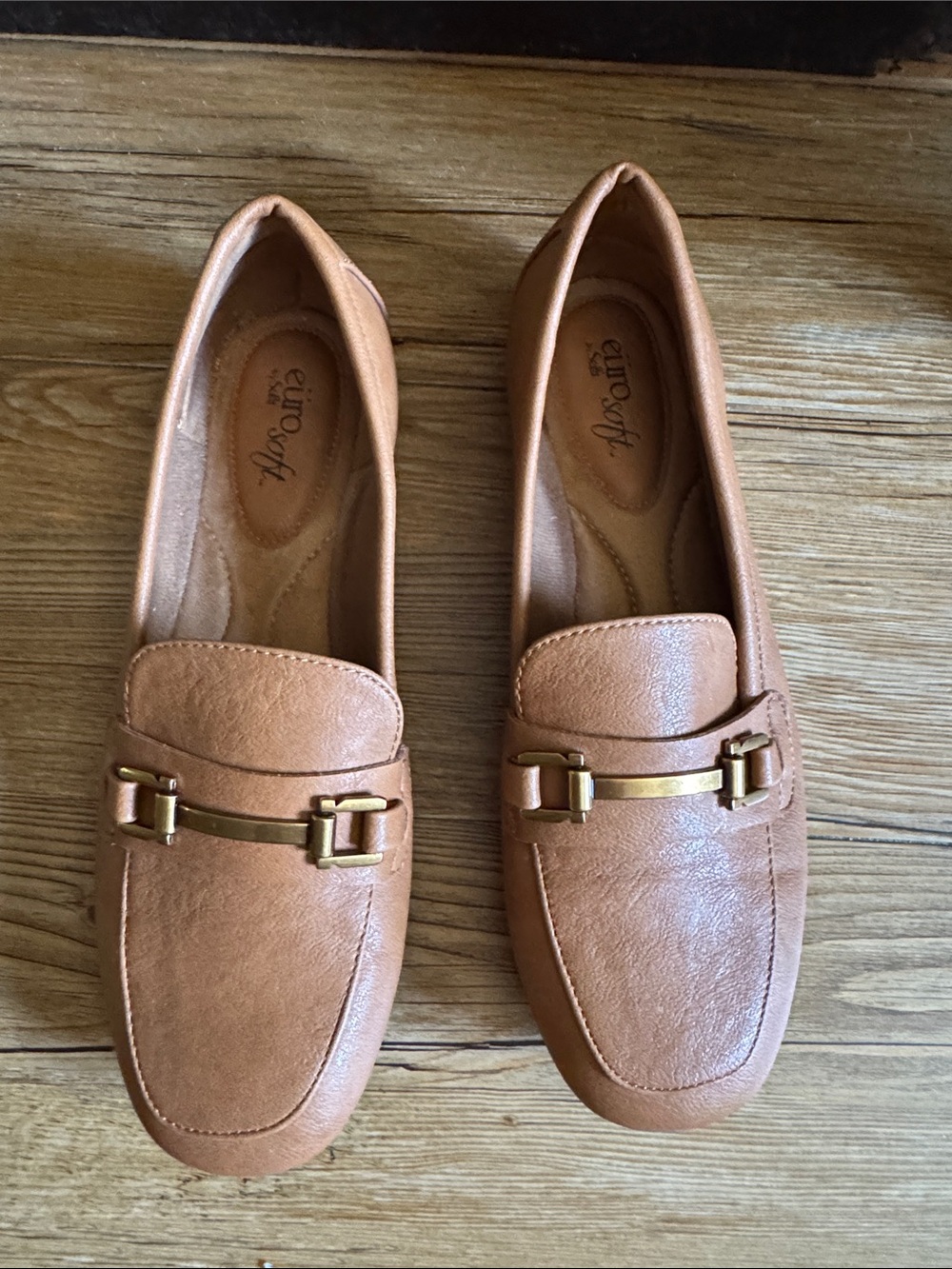 Euro Soft Tan Leather-Look Women's Loafers with Gold Hardware